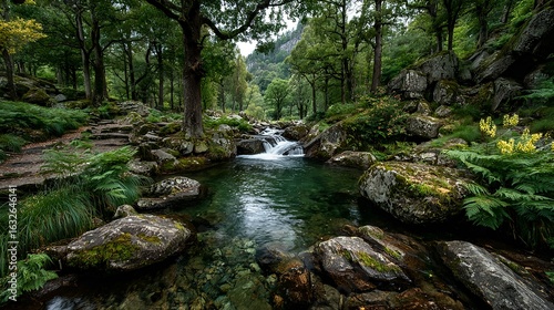 Immersive Waterfall Cascade Flowing Through Verdant Landscape – Lush Nature Visual for Eco-Tourism and Wellness Branding