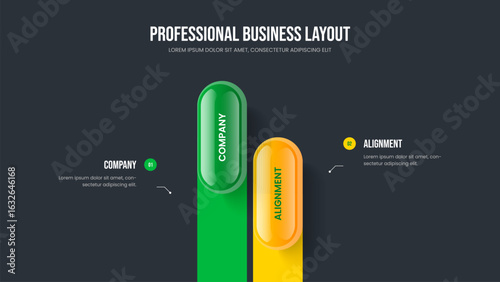 Professional Strategy Frame Layout Vector Illustration. Investor Growth Two Step Diagram Presentation Design. Consulting Plan 2 Option Infographic Slideshow Template.