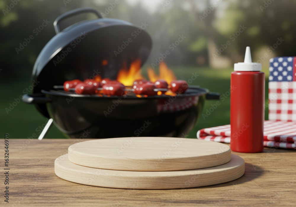 Delicious sausages grilling on a barbecue with ketchup and wooden boards. Delicious sausages grilling on a barbecue with ketchup and wooden boards.