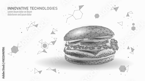 Burger polygonal lowpoly illustration. Wireframe sandwich food technology modern style. Restaurant diet nutrition fastfood delivery. White background vector illustration