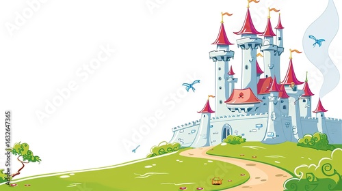 Wallpaper Mural Enchanted Towers: Magical Picture of Fairy Tale Castle on White Cartoon Background – Spired Turrets with Pointed Roofs, Rainbow Flags Fluttering, Sparkling Windows, and a Curved Drawbridge, Drawn in B Torontodigital.ca