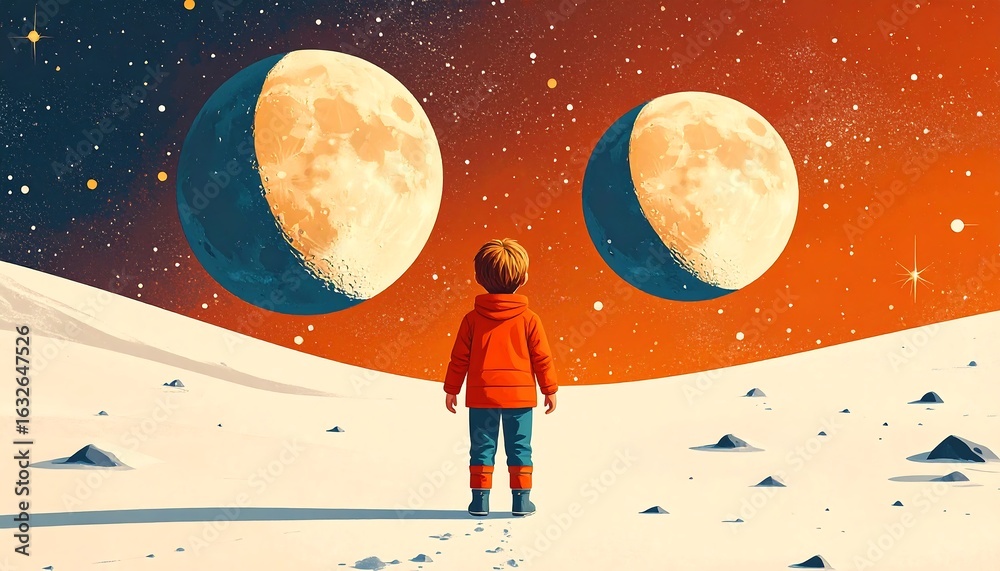 Obraz premium Child gazing at two large moons over a snowy landscape