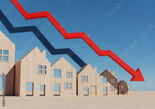 Illustrating the sharp decline of the housing market with a downward trending red arrow over miniature houses