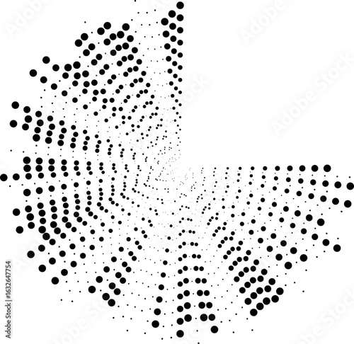 Circular design composed of irregular dotted rays, missing one quarter of the radial arrangement.