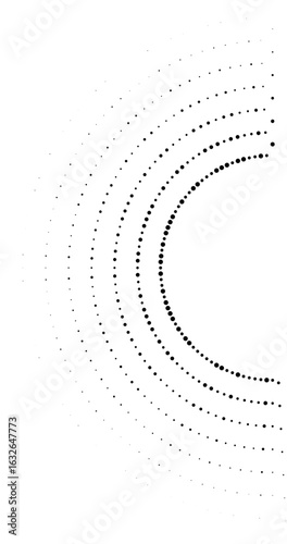 Vector with long irregular dotted rays radiating around a circle, omitting one quarter section.