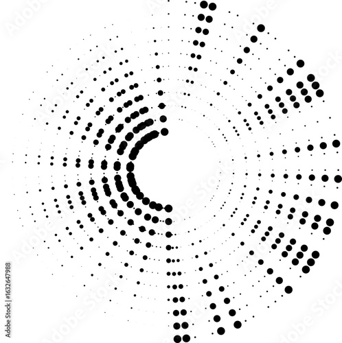 Dotted circular rays with very long reach extending from a central open space.