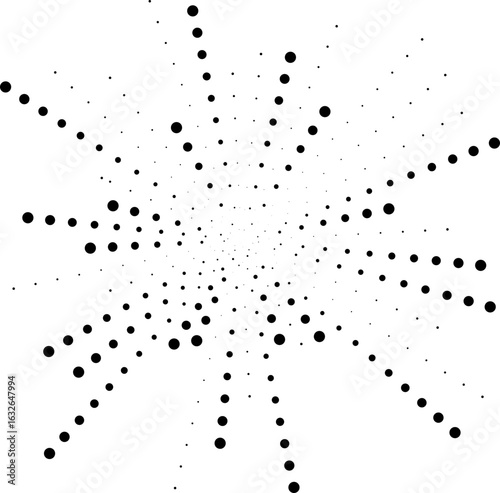 Circular dotted rays with varied thickness and contrasting ray lengths across the shape.