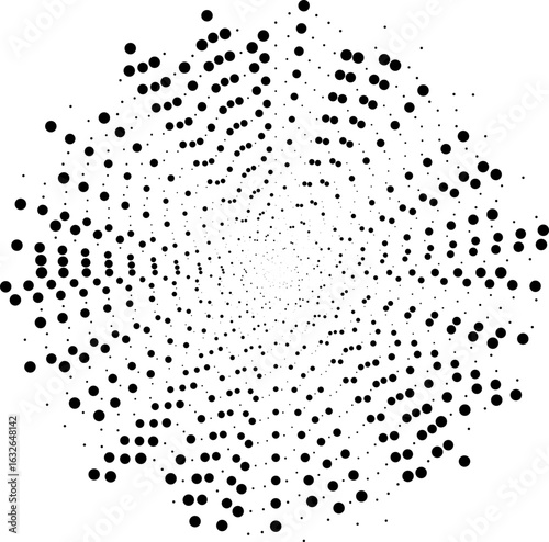 Irregular dotted rays taper outward from a circular base forming an expanding radial effect.