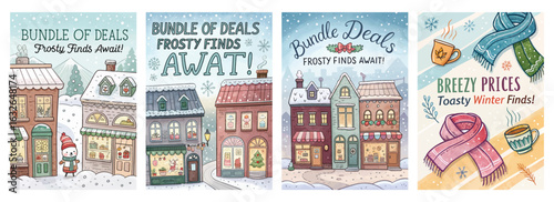 Set of four posters featuring festive winter storefronts with vibrant holiday decor and cozy designs