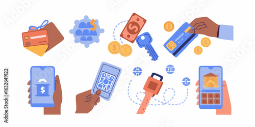 Financial transactions and digital banking services illustrated