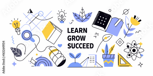 Learn grow succeed with educational icons and symbols