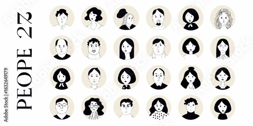 Diverse collection of hand drawn people portraits in circles