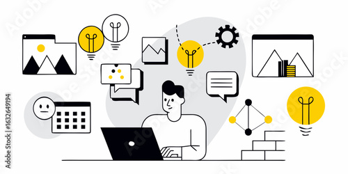 Man working on laptop with ideas and project elements surrounding him