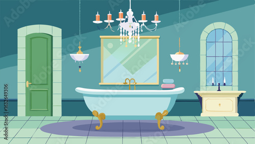 A luxurious bathroom with a freestanding bathtub marble tile and a crystal chandelier.