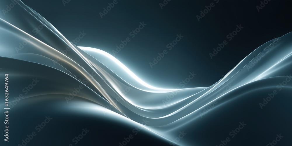 Obraz premium Smooth, glossy metallic silver waves curve on a deep blue-black background with gentle highlights