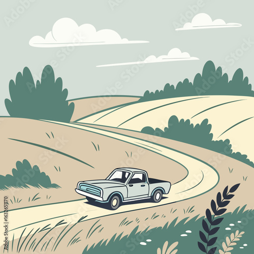 Pickup Truck on Countryside Road – Soft Color Flat Vector