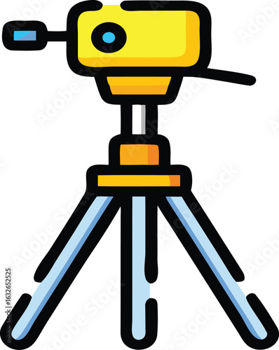 Stylized icon of a yellow survey theodolite on a tripod featuring blue accents and a bold black outline.
