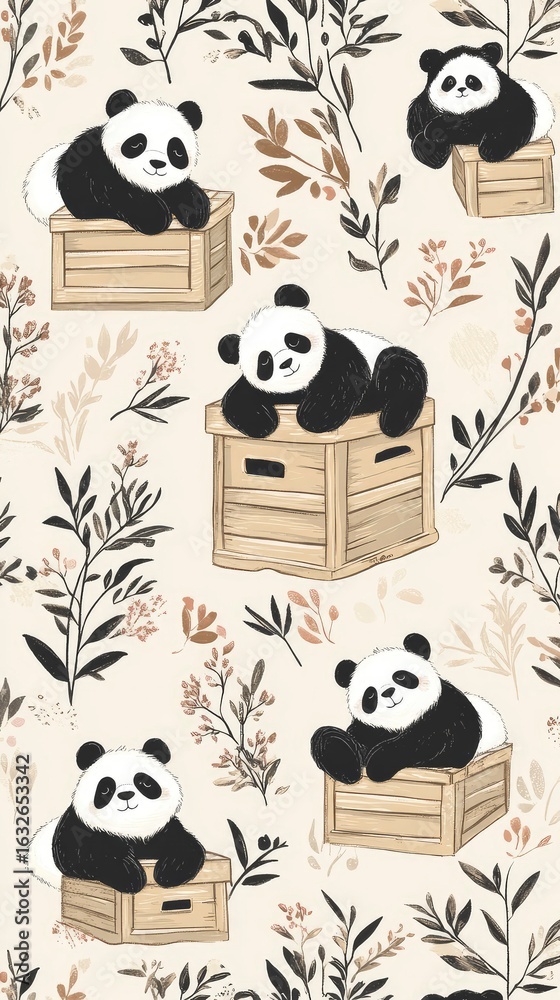 Obraz premium Light beige pattern with travel crates and sleepy pandas