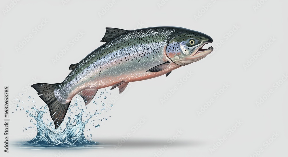 Fototapeta premium Illustration of salmon fish jumping out of water isolated on white background