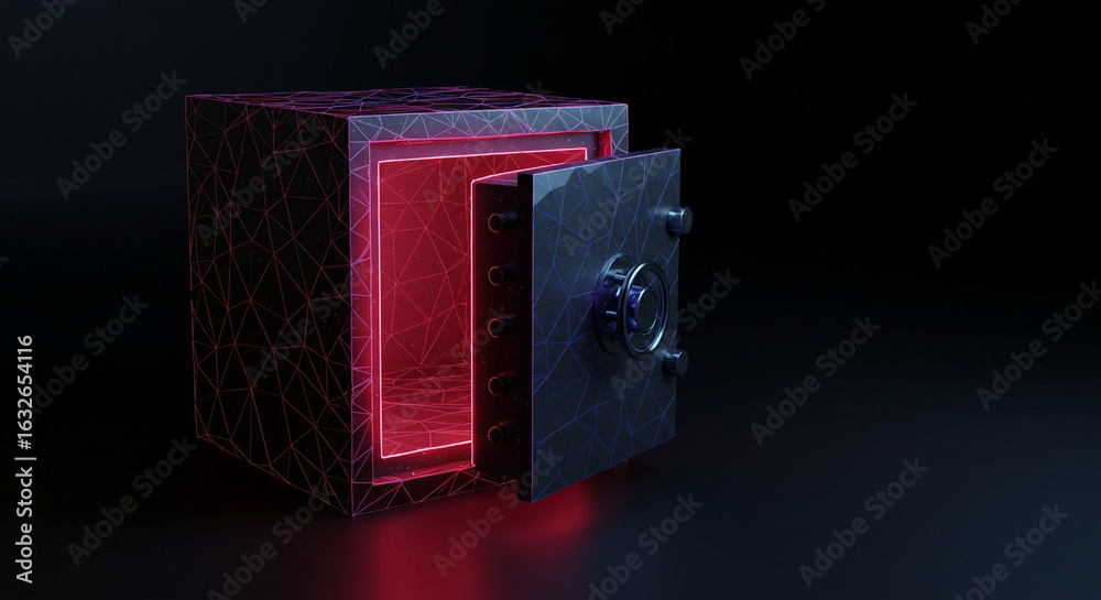 Obraz premium Metallic safe with open door illuminated by red light 