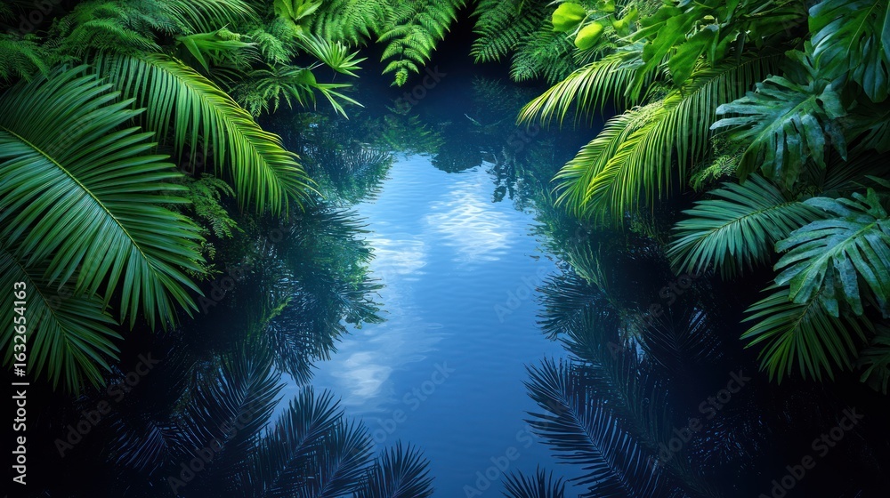 Obraz premium Tranquil jungle pool reflection