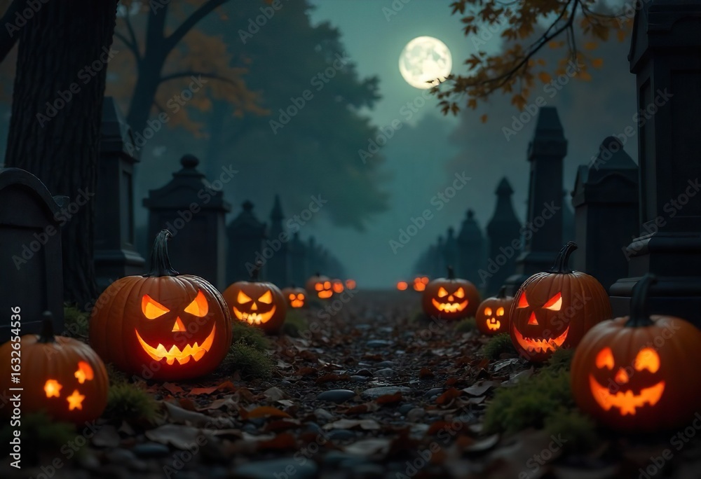 Fototapeta premium Halloween party ambiance with spooky tombstones and bright orange pumpkins