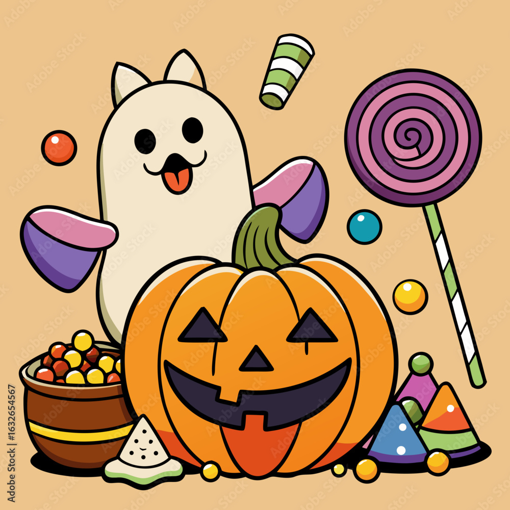 Fototapeta premium A vibrant Halloween scene with a carved jack-o'-lantern and a bounty of candy