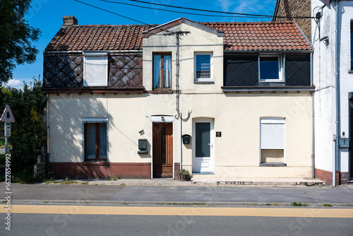 Modest residential houses in a row in Péruwelz, Hainaut, Belgium