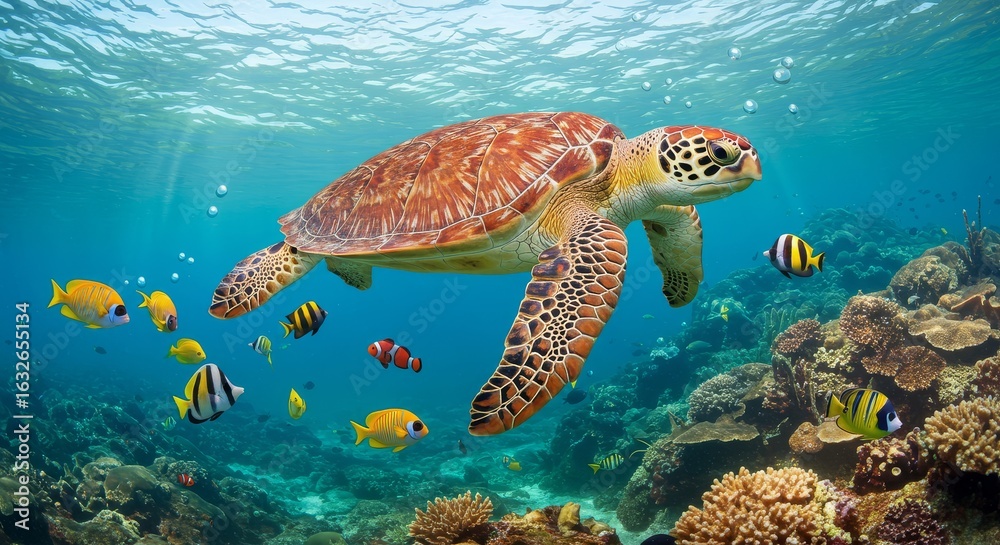 Obraz premium Illustration of sea turtle swimming in the ocean with colorful fish and coral reef