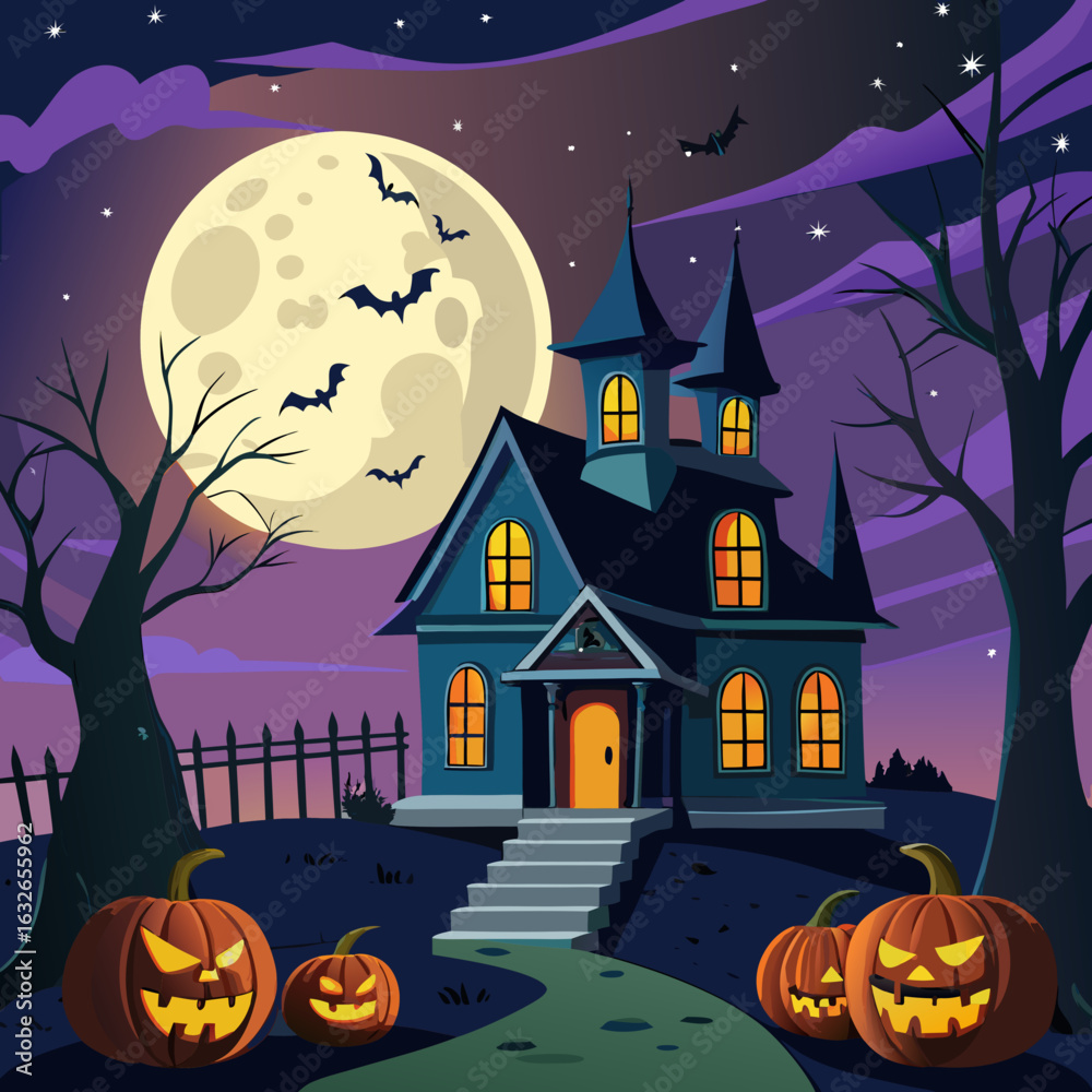 Fototapeta premium Spooky Halloween night with a haunted house, a full moon, pumpkins, and bats flying over a cemetery
