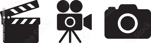 Collection of solid glyph icons featuring a movie film clapperboard camera and photography elements for creative projects