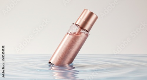 Rose gold cosmetic bottle in water