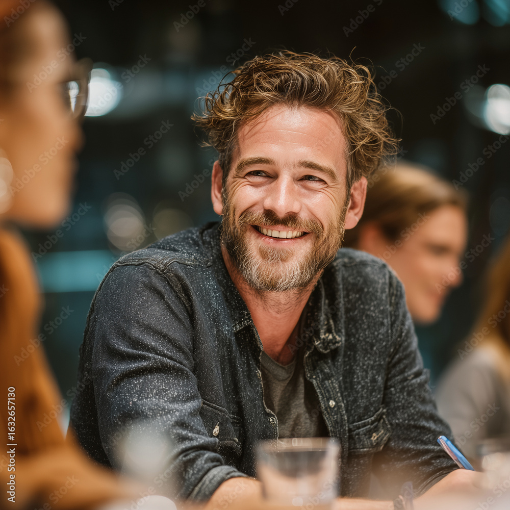 Fototapeta premium a cheerful man with a beard, smiling during a casual business meeting. The blurred background shows colleagues engaged in conversation, creating a warm and collaborative atmosphere.