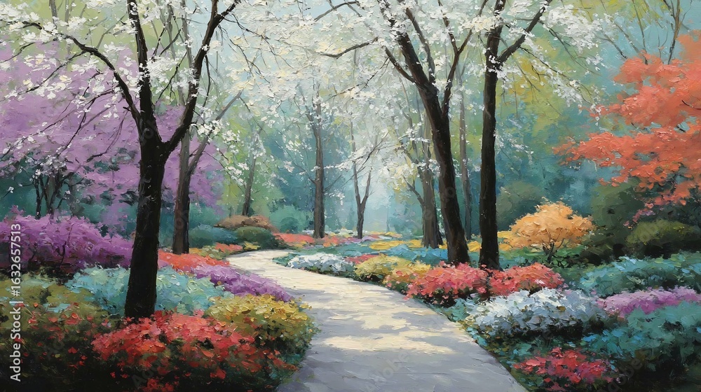 Naklejka premium A sunlit path winds through a vibrant, colorful garden filled with blossoming trees and shrubs in spring