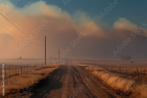 Rural Road Surrounded by Thick Smoke from Nearby Wildfire