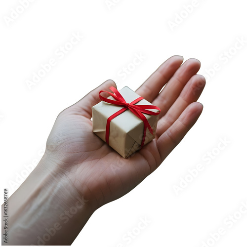 Wrapped gift box with red ribbon on a hand, giving concept