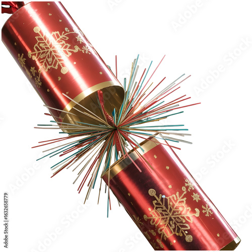 Exploding red Christmas cracker with gold snowflakes and colorful streamers