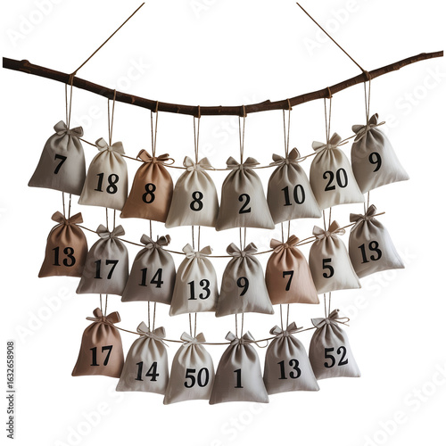 Dvent calendar with numbered bags hanging from a branch, holiday season