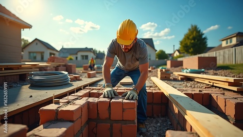 Bricklaying construction worker building house foundation with bricks