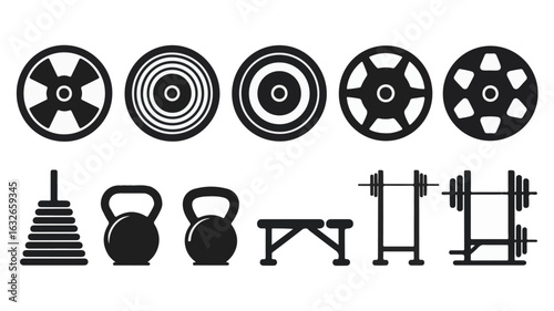 Black and white minimalist gym equipment icons weight plates kettlebells