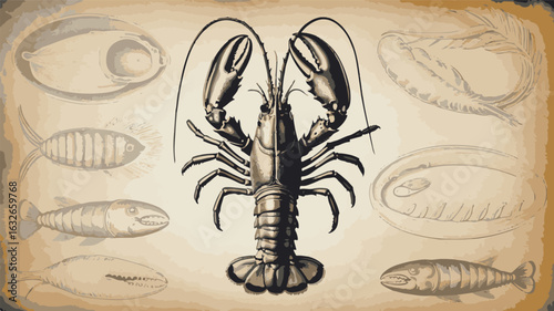 Detailed illustration of a lobster surrounded by various fish and shellfish crayfish crustacean