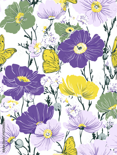 Colorful floral pattern with purple, yellow, and green blossoms  