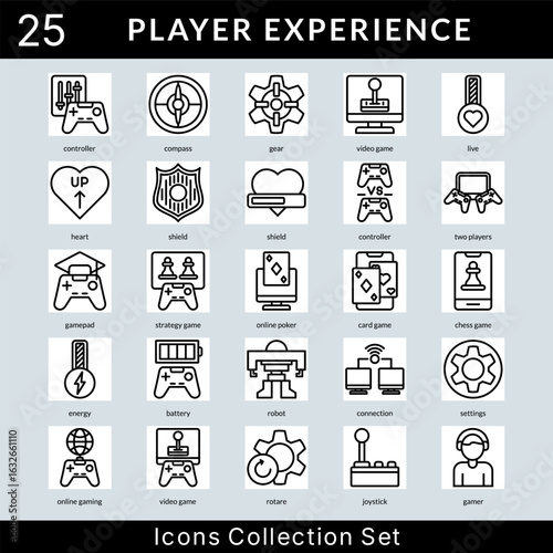 Player Experience icon set collection in outline style. an icon pack contain video game, live, heart, shield, two players, gamepad, strategy game, online poker, card game