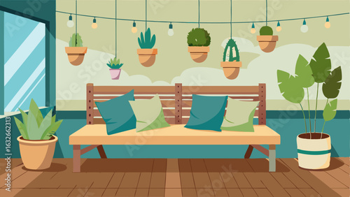 An indoor balcony with a wooden bench covered in throw pillows and a wall lined with a mix of hanging and potted plants.