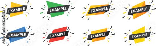 Set of modern, colorful example text banners, creative geometric labels, and abstract graphic templates for web layout posters, cards, or promotional design in various vibrant colors