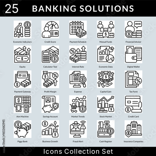 Banking Solutions icon set collection in outline style. an icon pack contain mutual funds, financial advisor, equity, calculator tool, interest rate, economic data, digital wallet, payment gateway