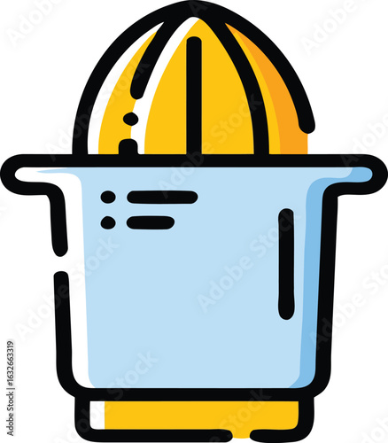 Colorful cartoon citrus juicer icon with a yellow reamer and a light blue container.