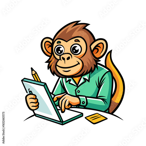 Creative Vector Illustration of a Monkey Drawing Its Own Self-Portrait in a Whimsical and Artistic Cartoon Style on White Background