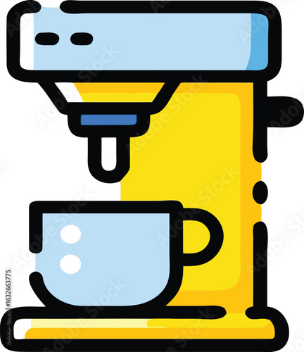 A vibrant yellow and blue coffee machine illustration with a bold black outline dispensing into a waiting cup.