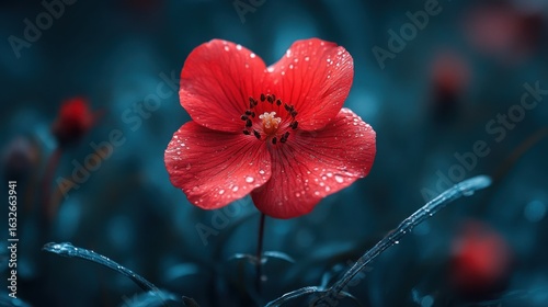 Vibrant red flower, dew drops
